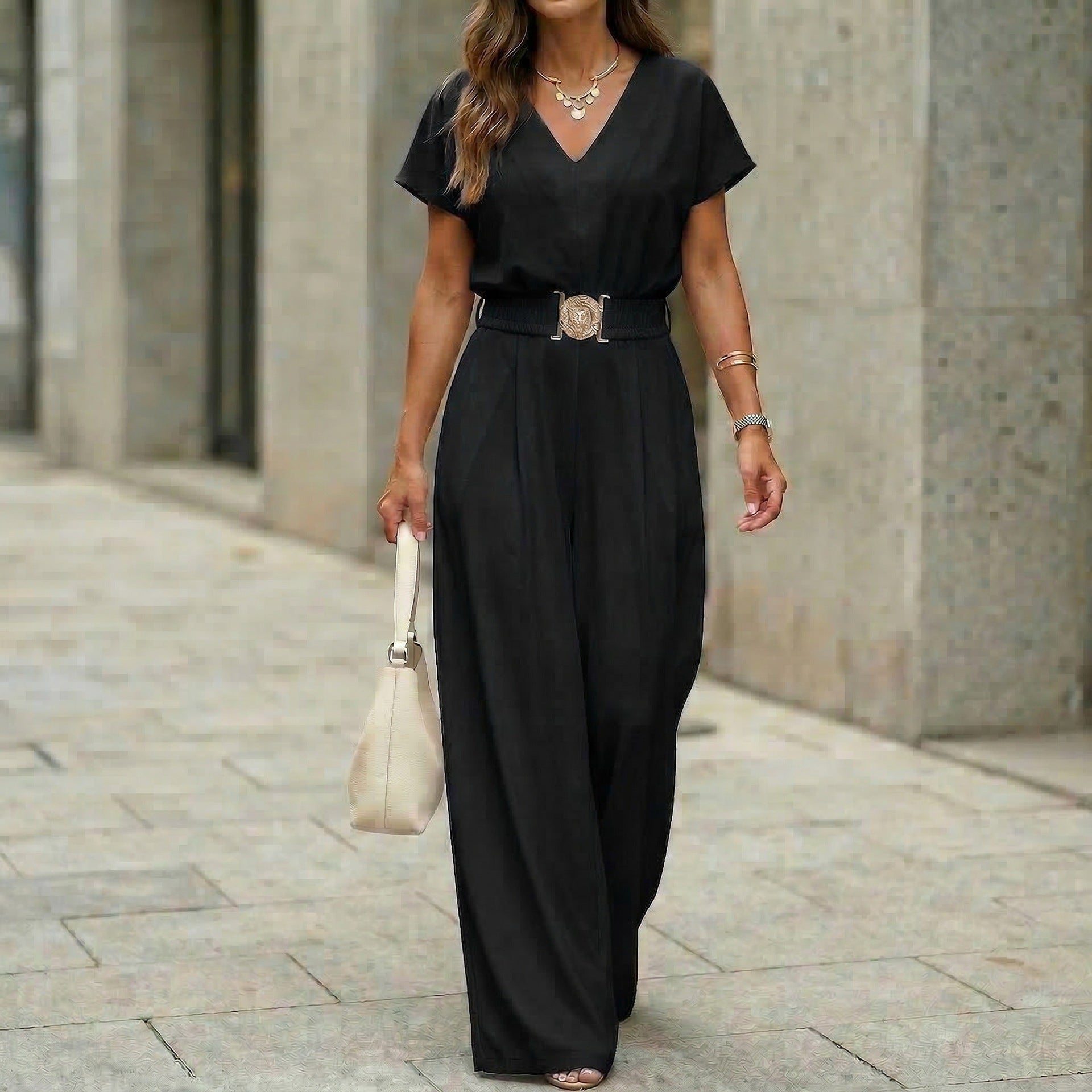 Womens V-neck Solid-color Short-sleeve Long-pants Belted Jumpsuit