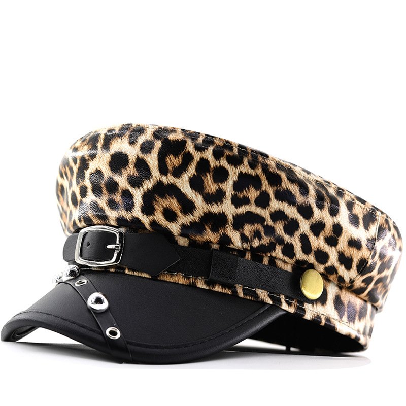 Leopard Print Beret with Metal Fastener, Edgy Girl Punk Hat