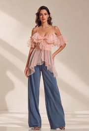 Ruffled Off Shoulder Chiffon Blouse with Asymmetric Hem