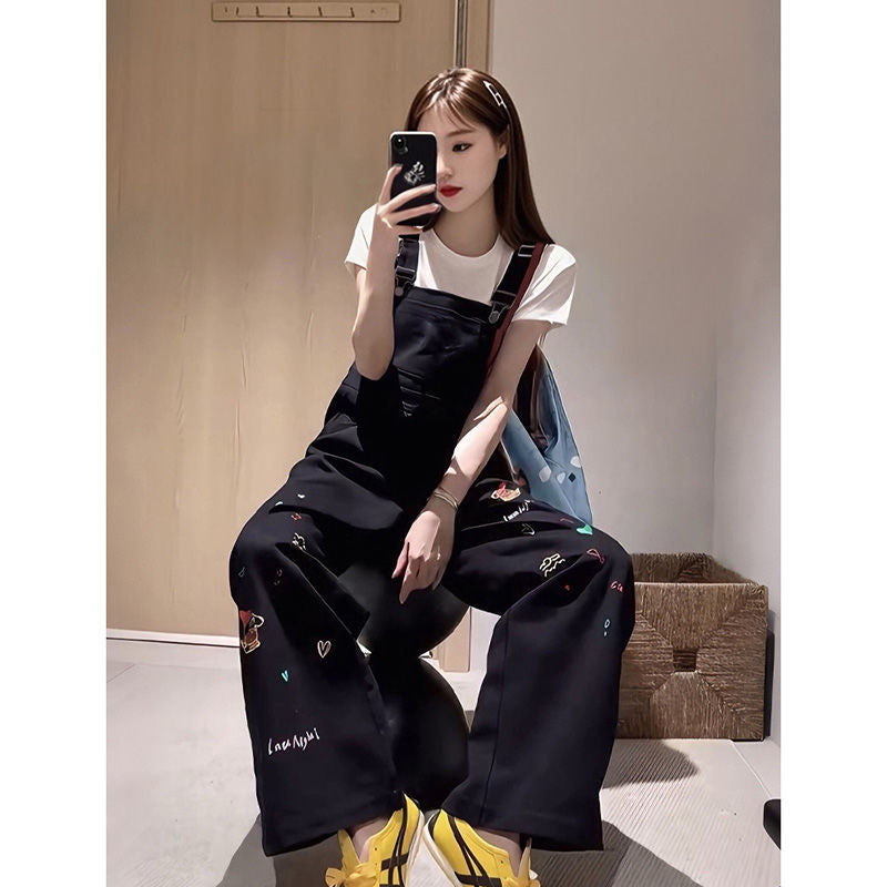 Cartoon Embroidered High-Waisted Loose Denim Suspender Pants