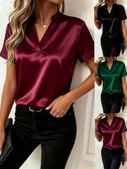 Elegant Satin Blouse for Women - V-Neck Office Wear Top