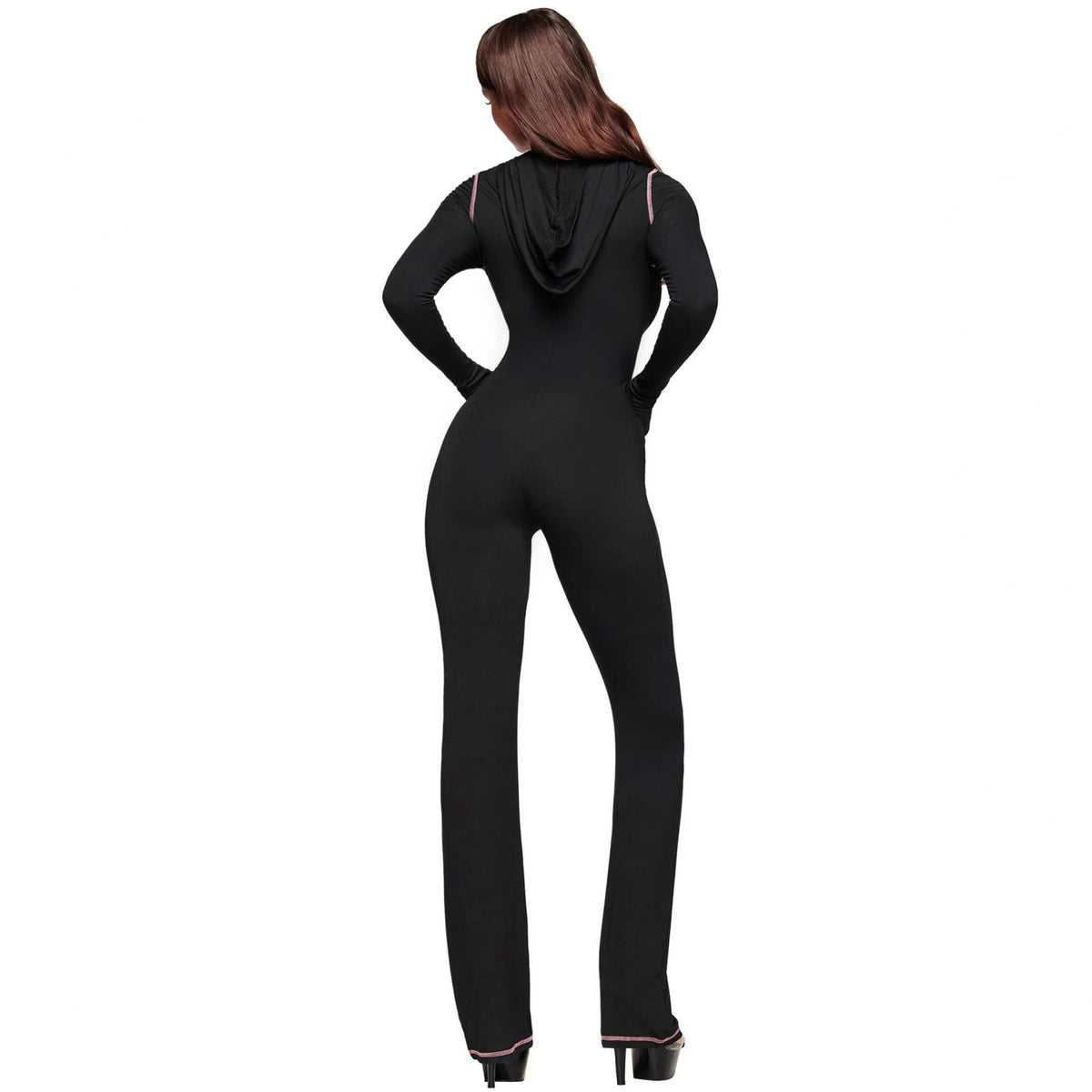 Letter-Print Hooded Bodycon Zipper Jumpsuit
