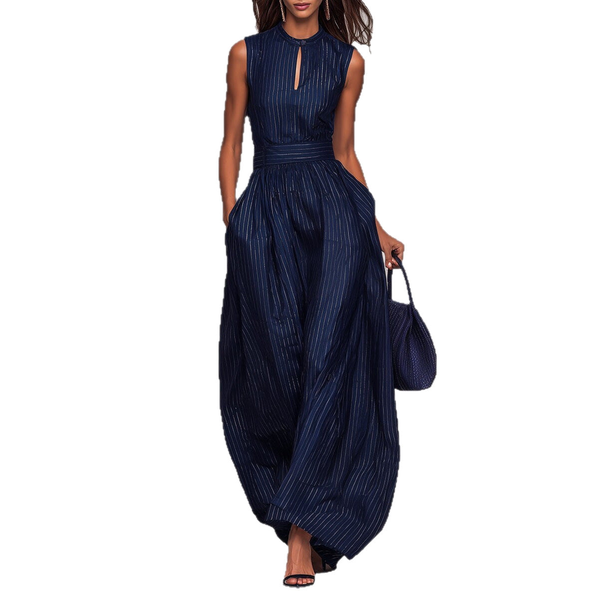 Deep Blue Striped Sleeveless Waist-Cinched Wide-Leg Jumpsuit