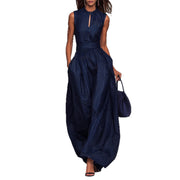Deep Blue Striped Sleeveless Waist-Cinched Wide-Leg Jumpsuit