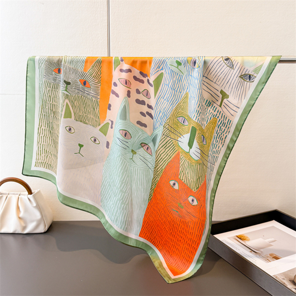 Cute Cartoon Cat Scarf - Fashionable Square Headscarf