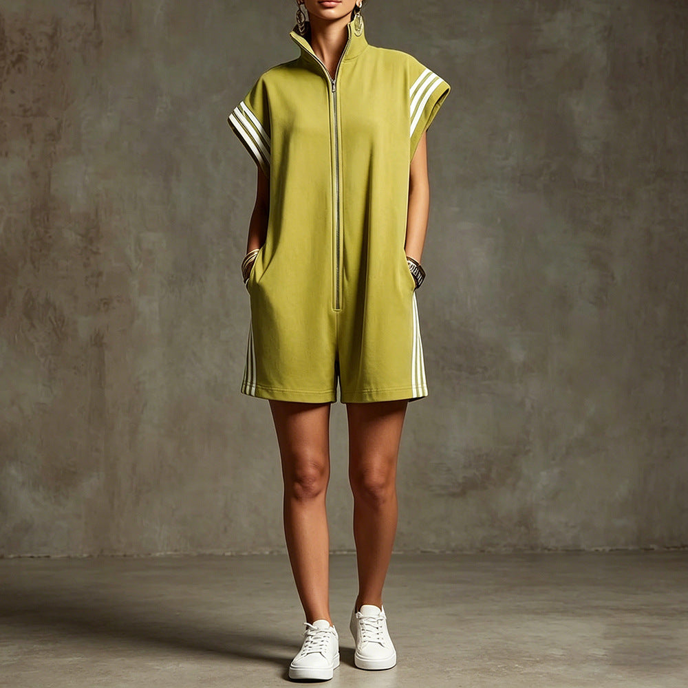 Chic Striped Color-Block Zip Jumpsuit for Women