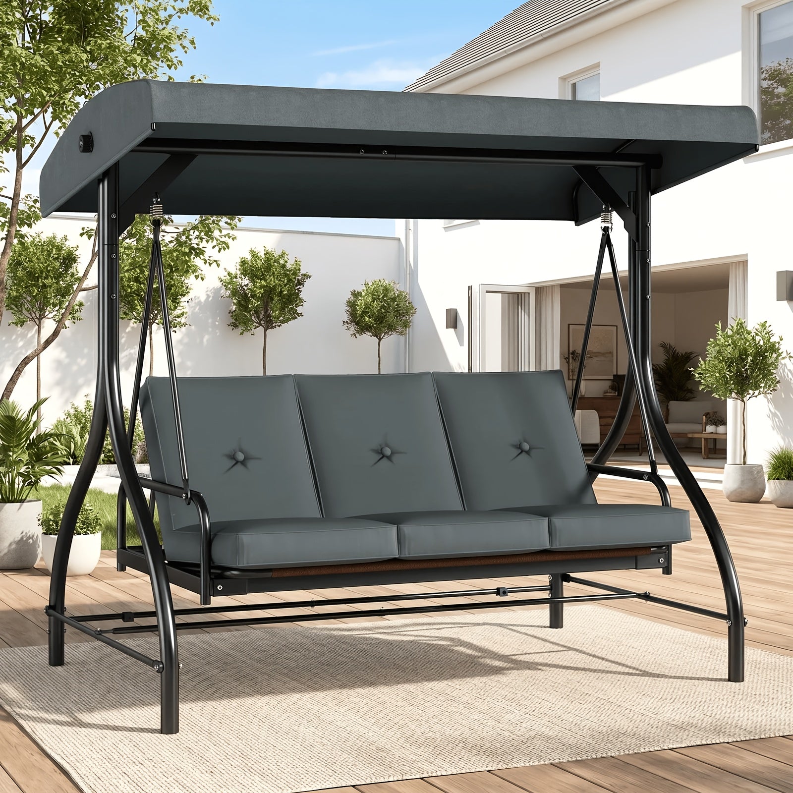 [Patio Swing Glider] 3 Person Patio Porch Swing Outdoor Converting Swing Glider Hammock with Adjustable Canopy, Cushions for Outside Backyard, Garden (Pillow Not Included)