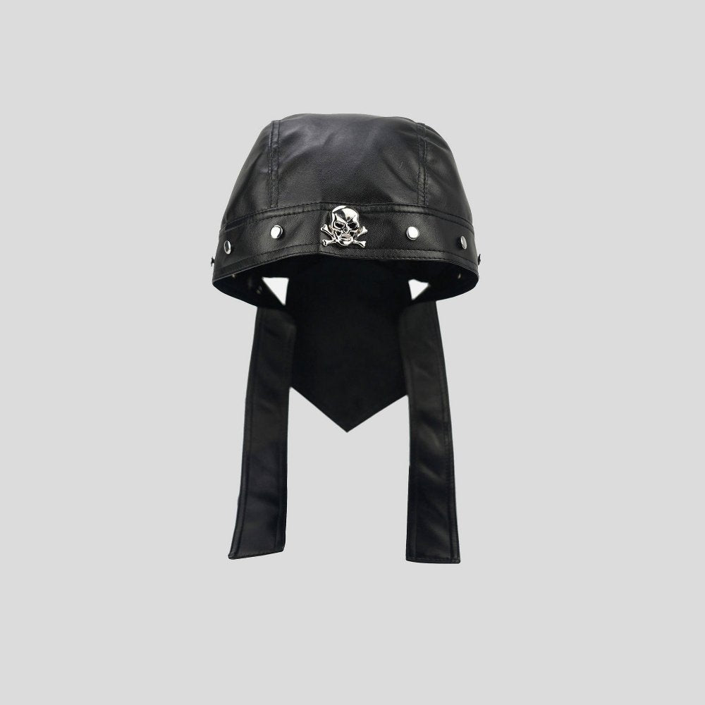 Skull Rivet Punk Hat for Men & Women, Black Leather Motorcycle Hat