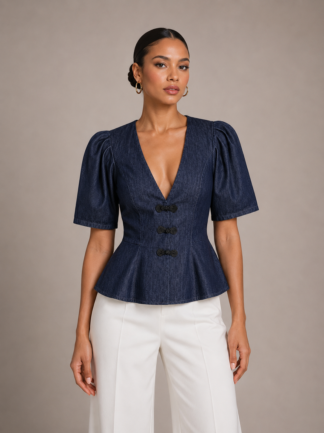 V-Neck Puff Sleeve Blouse with Frog Buttons