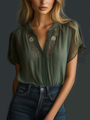 Vintage Embroidered Chiffon Top for Women