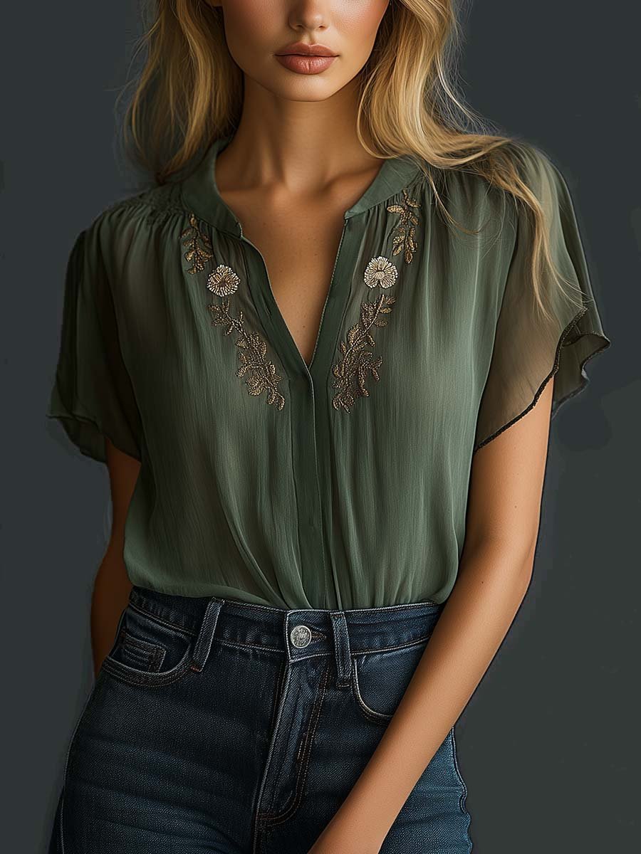 Vintage Embroidered Chiffon Top for Women