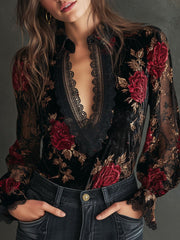 Vintage Rose Print Blouse with Lace Details
