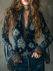 Vintage Floral Velvet Blouse With Bell Sleeves