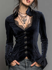 Vintage Velvet V-Neck Flared Cuff Shirt