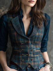 Vintage Plaid Wool Lapel Vest for Women