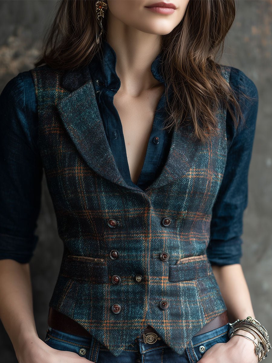 Vintage Plaid Wool Lapel Vest for Women