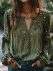 Olive Green Floral Embroidered Cotton Shirt