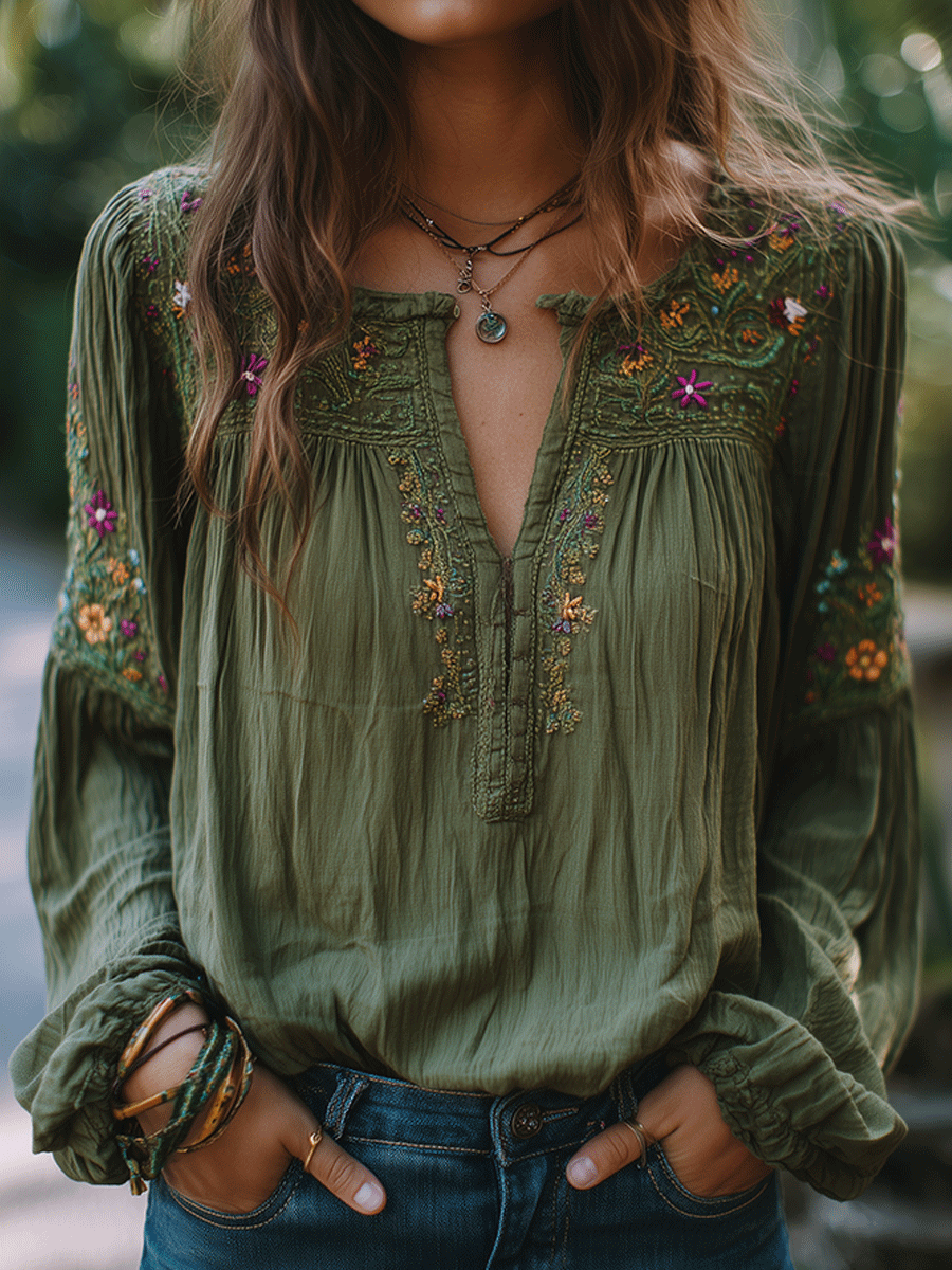 Olive Green Floral Embroidered Cotton Shirt