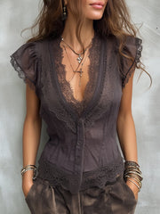 Vintage Lace Trim Tencel V-Neck Blouse