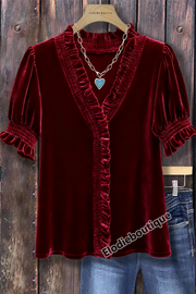 Ruffle Neck Puff Sleeve Top for Women