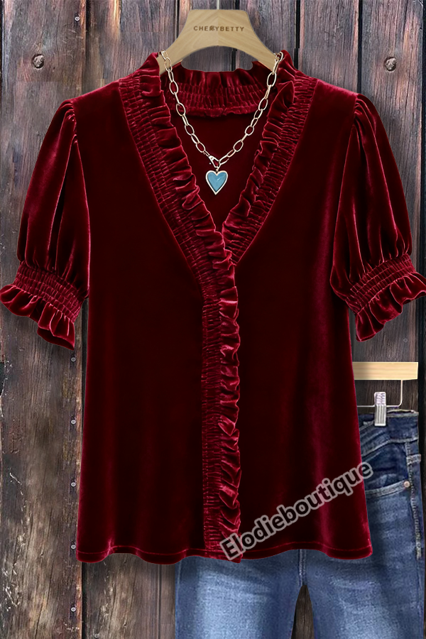 Ruffle Neck Puff Sleeve Top for Women