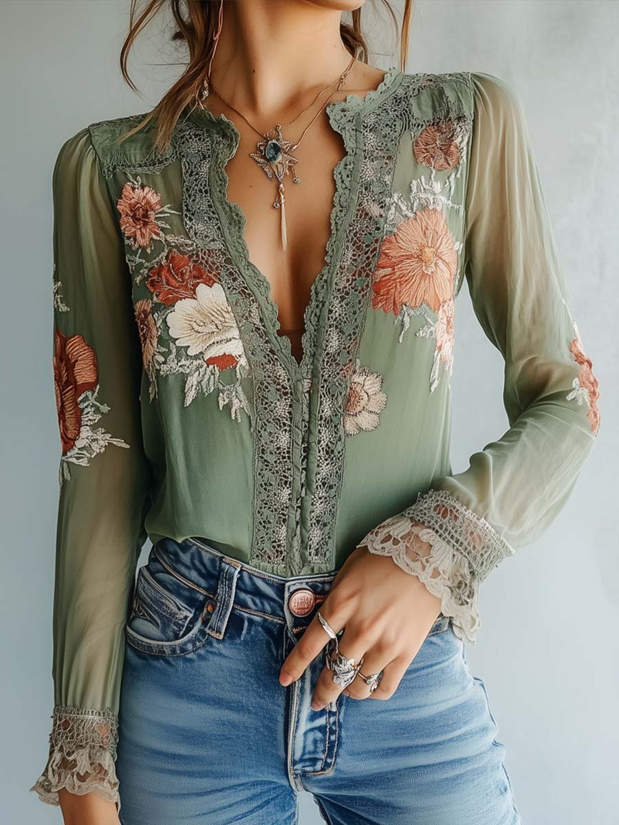 Floral Lace Boho Blouse for Women
