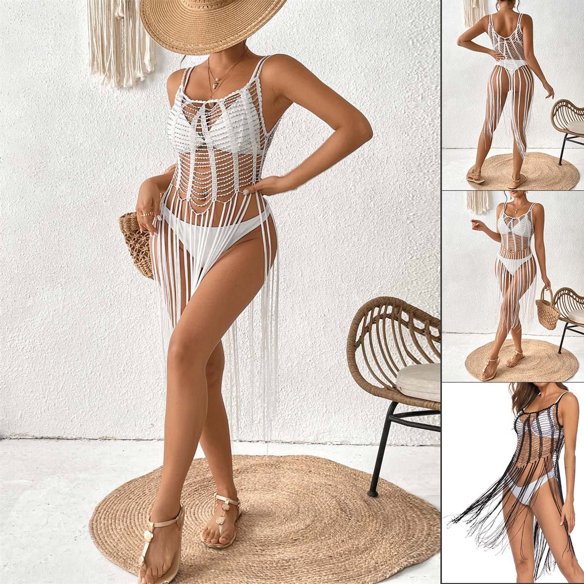 Beaded Beach Cover Up Dress, Sheer Mini Tunic for Women