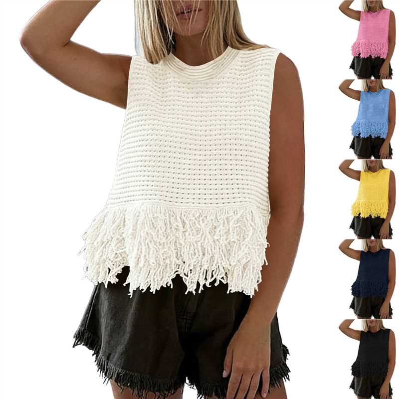 Solid Color Tassel Hem Knitted Vest