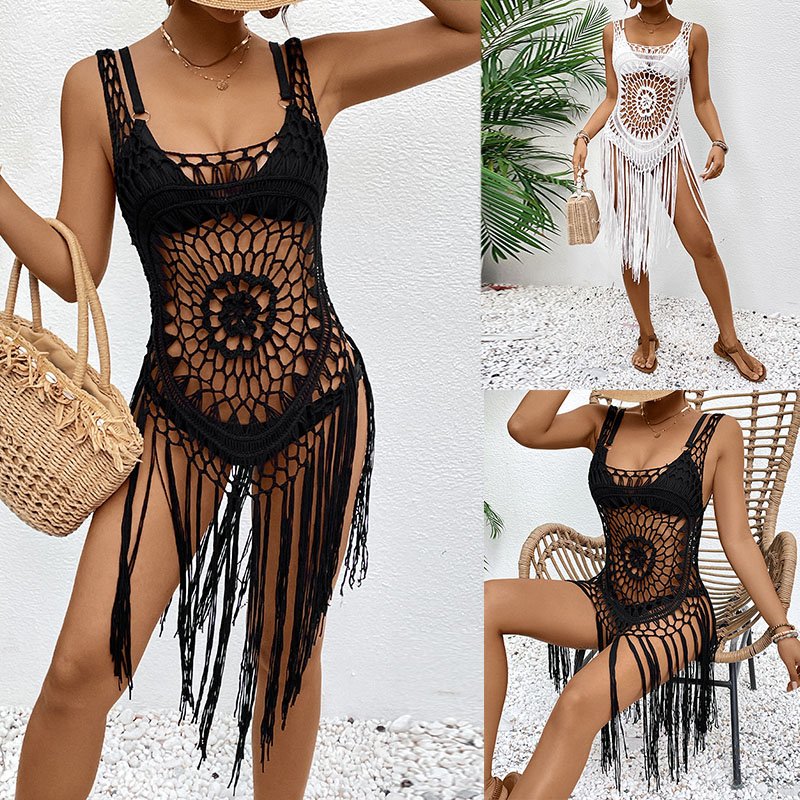 Summer Beach Cover Up Dress, Hand Crochet Fringe Bikini Top