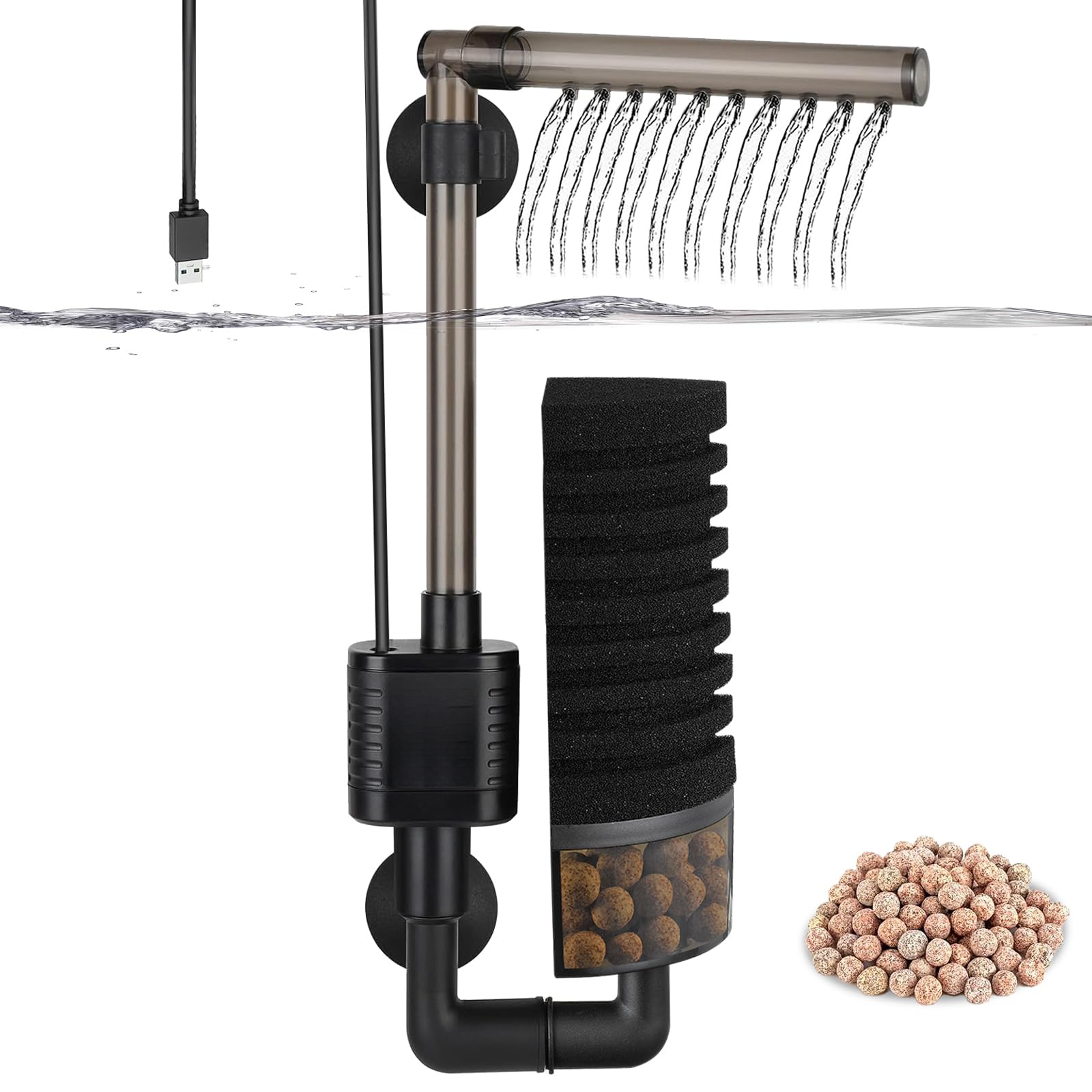 Quiet Aquarium Bubble Filter for Salt & Fresh Water, Includes Ceramic Balls