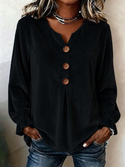 Elegant Velvet Long Sleeve Blouse, V-Neck Button Shirt