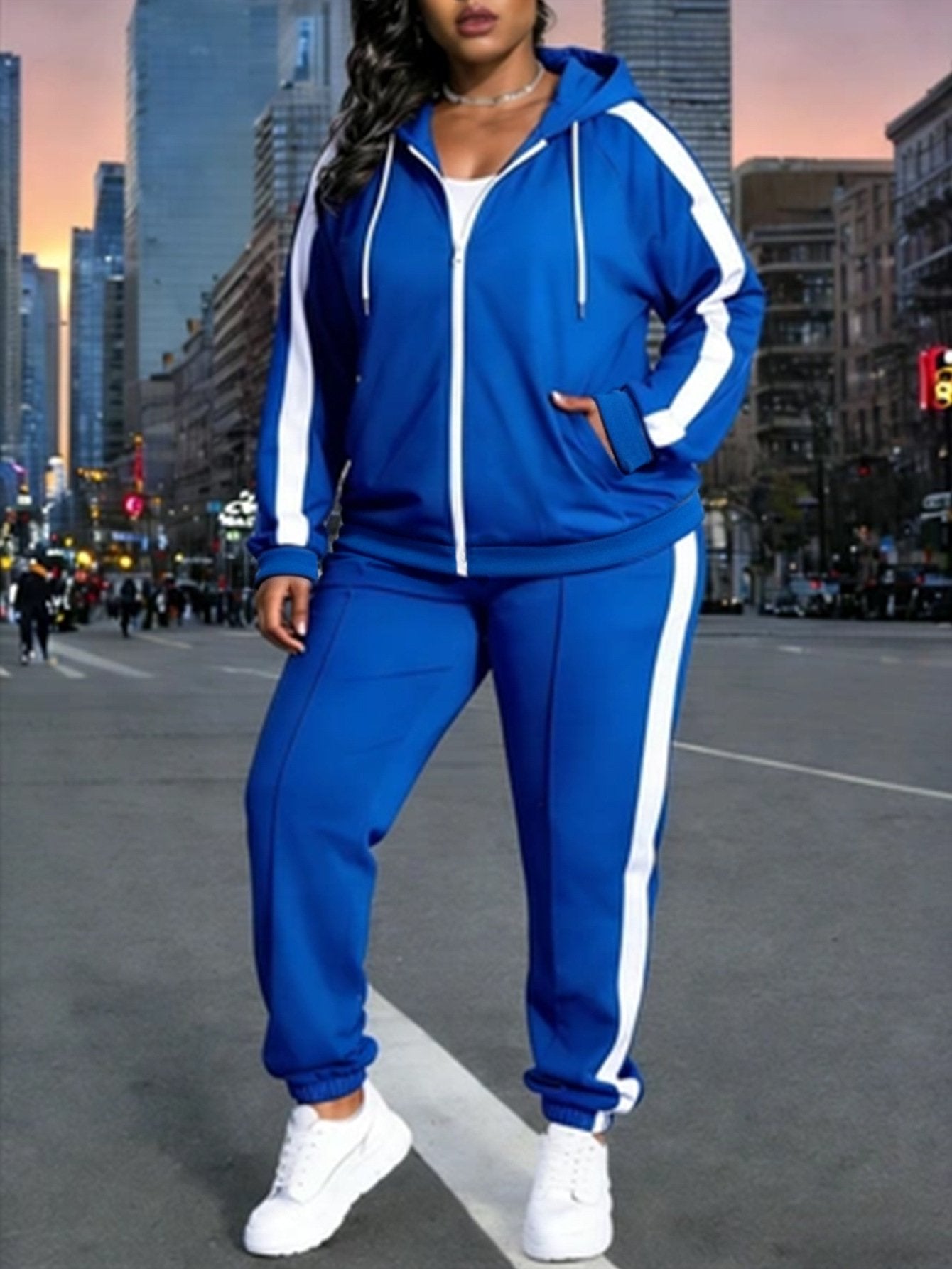 Women's Color Block Hoodie & Joggers Tracksuit Set