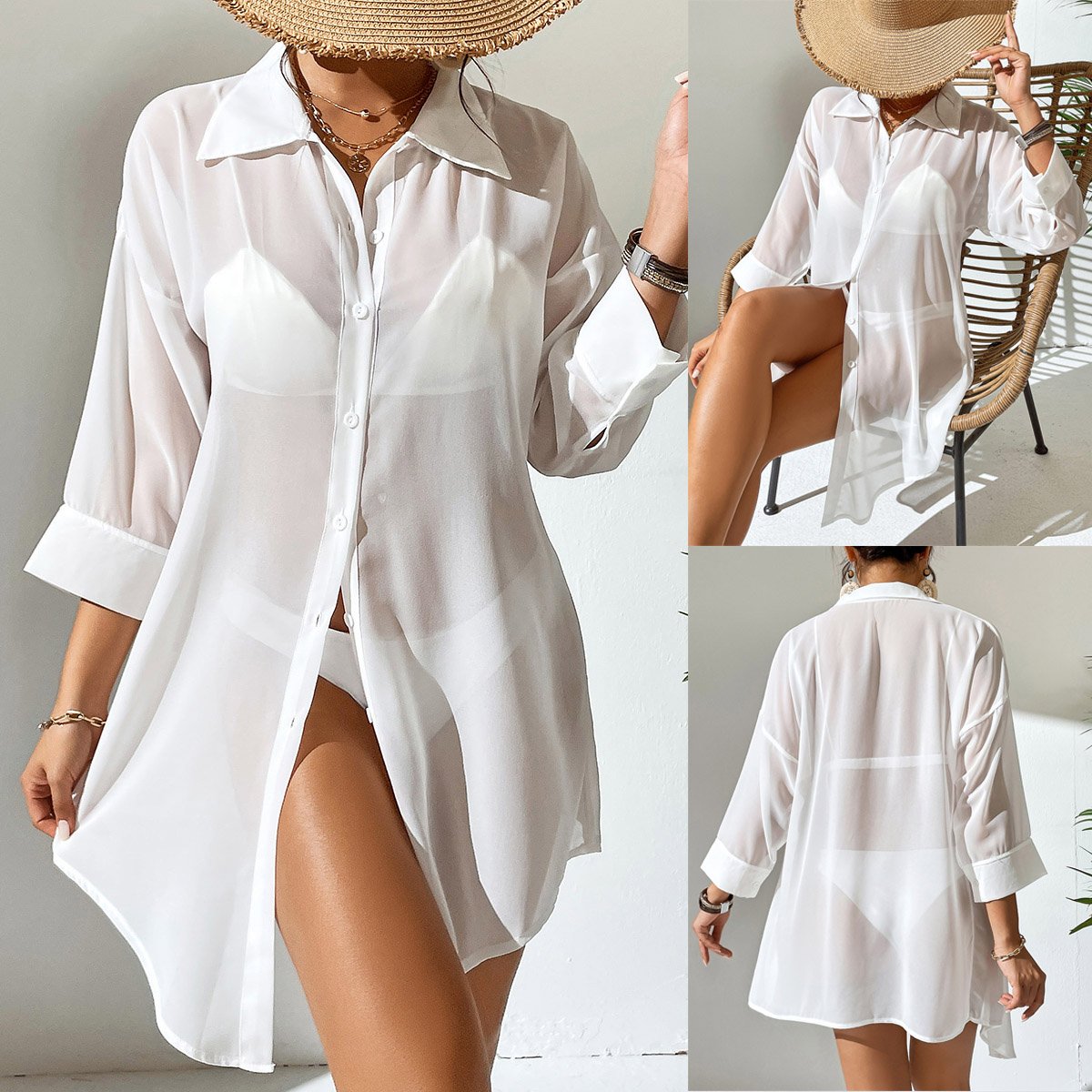 Beach Cover Up Shirt for Women - Chiffon Polo, Thin Mesh Blouse