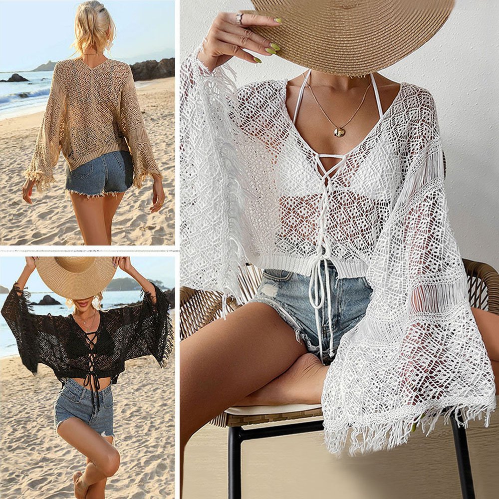 Seashell Beach Cover Up, Beachy Long-Sleeved Shirt with Fringe Flare Sleeves