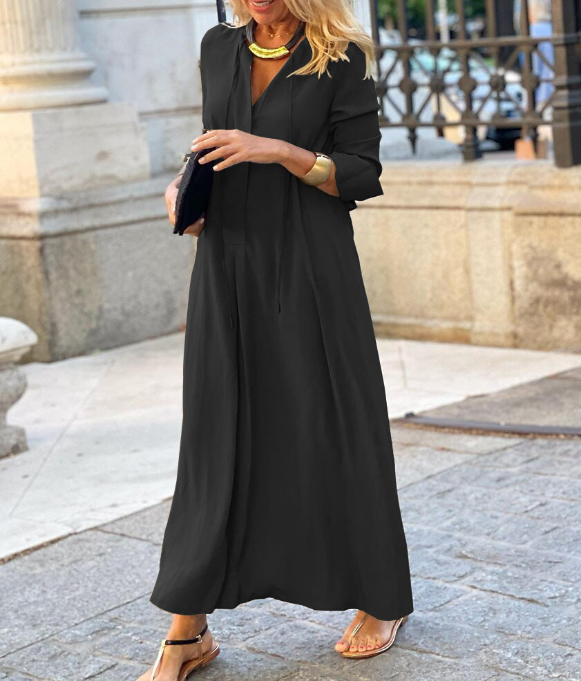Solid Color V Neck Tie Front Long Sleeve Maxi Dress, Loose Flowy Long Dress for Casual Vacation & Daily Wear