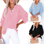 Summer V-Neck Blouse - Loose Fit Cotton Henley Shirt