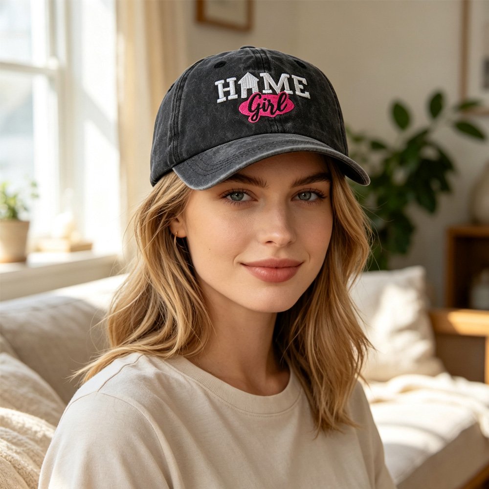 Vintage Washed Black Baseball Cap for Women - HOME Girl Embroidered Hat