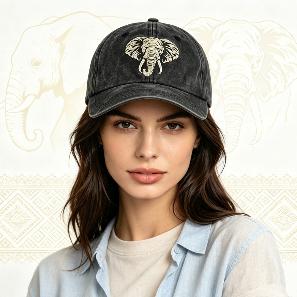 Vintage Washed Cotton Baseball Cap, Embroidered Elephant Head Dad Hat