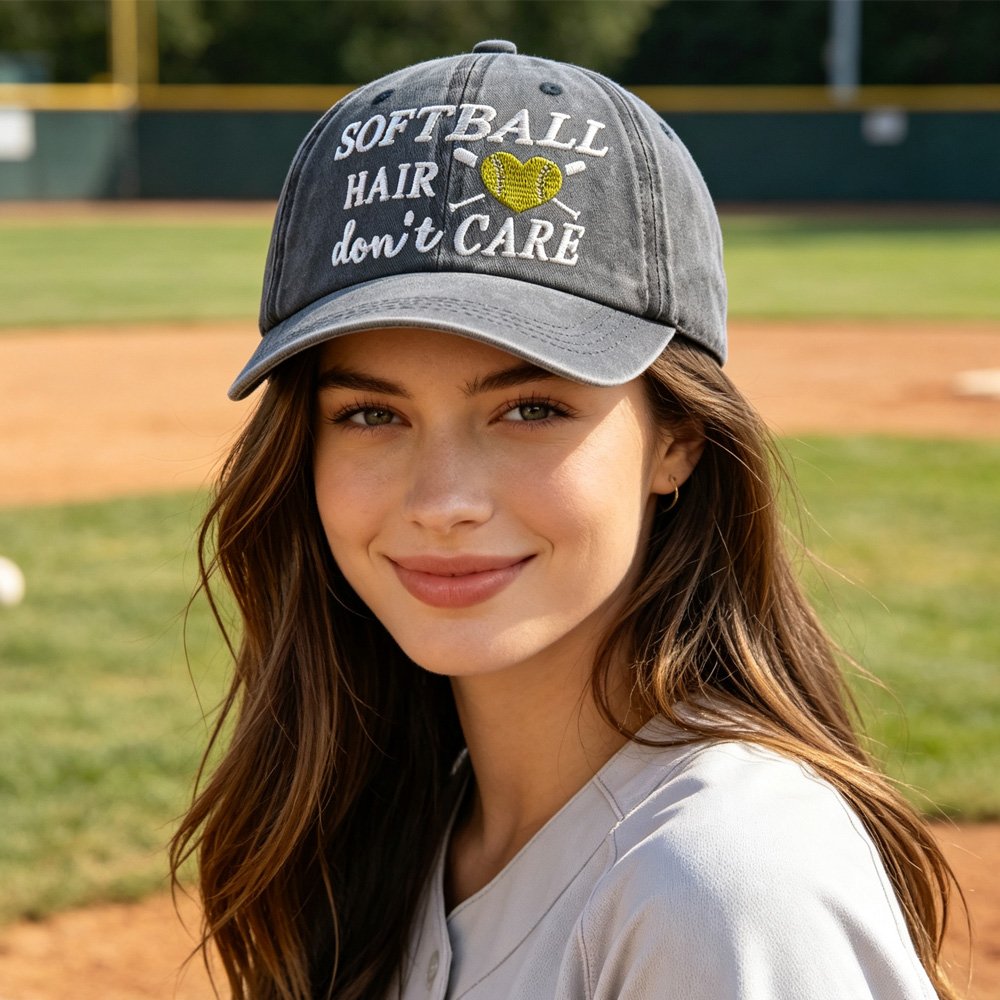 Softball Hair Don't Care Baseball Cap for Women, Distressed Vintage Hat