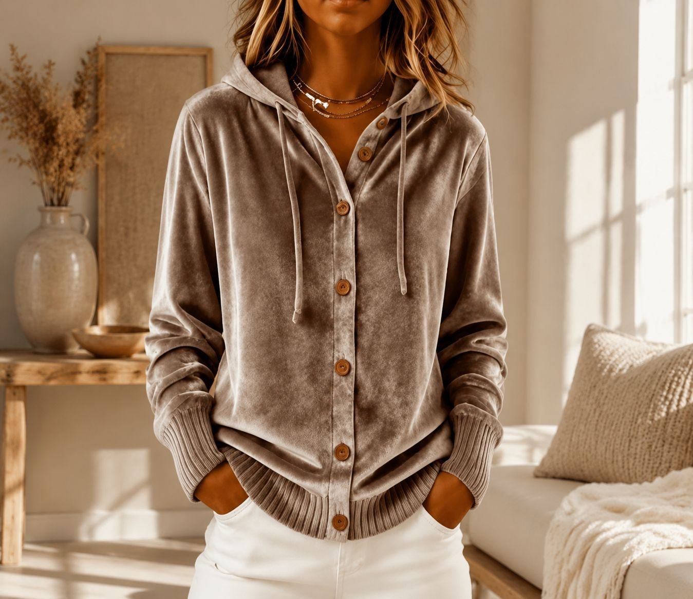 Vintage Velvet Long Sleeve Hoodie for Women
