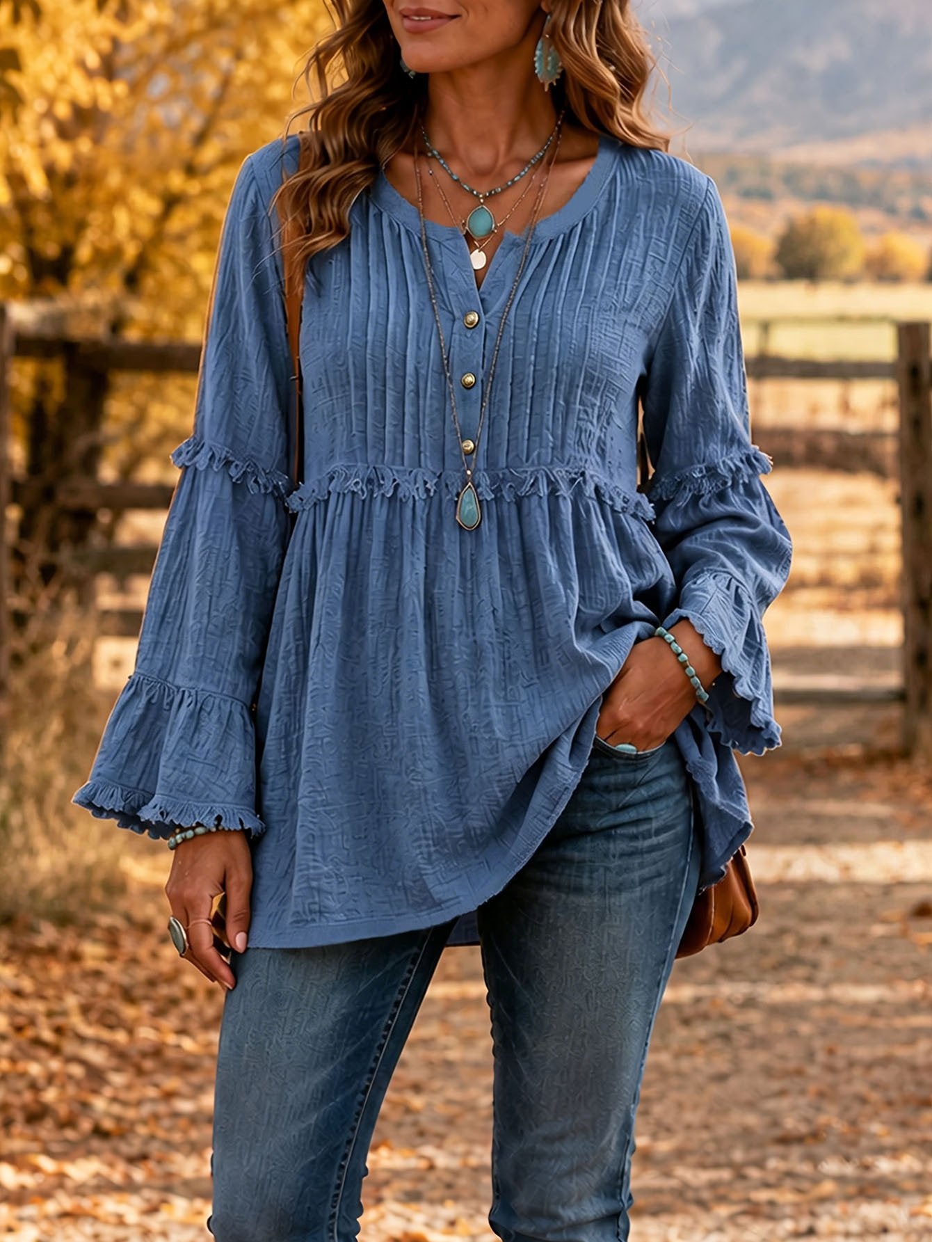 Cozy Fall Winter Blouse with Lace Trim, Loose Fit Button Down Sweatshirt