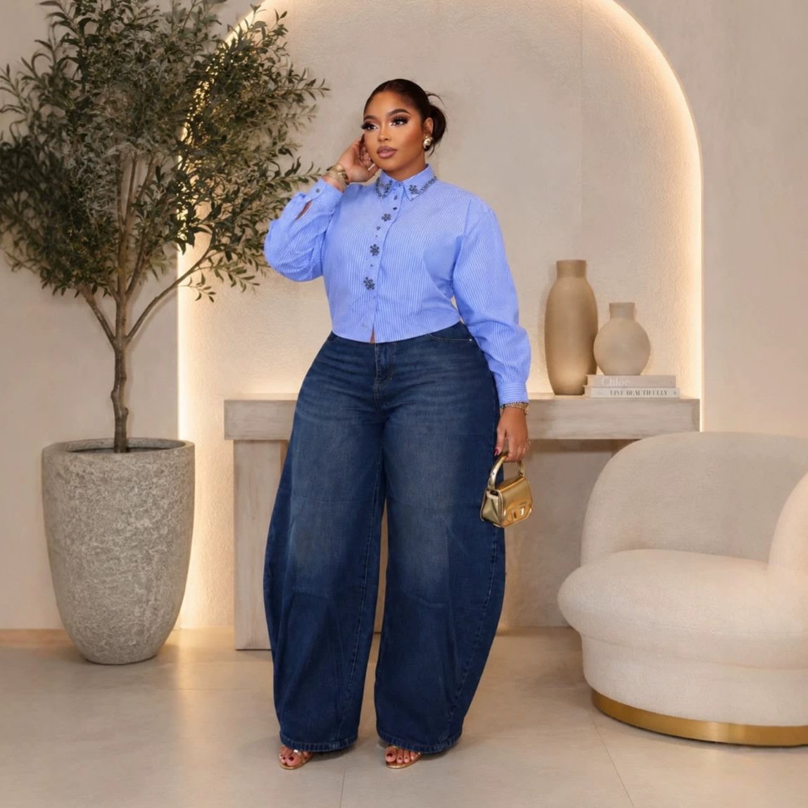 Asymmetric Cropped Rhinestone Shirt with Vertical Stripes