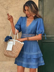 European and Cross-border 2026 New Summer Women's Fashion Elegant and Stylish Waist-cinching Slimming Lace Dress Short Sleeve
