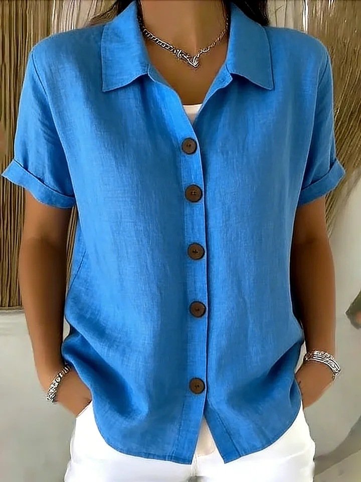 Women's Casual Button Shirt, Cotton & Linen Blend, Short Sleeve