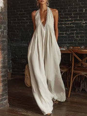 Women's Halter Deep V Neck Lace Trim Wide Leg Jumpsuit, Loose Flowy Casual Jumpsuit with Pockets