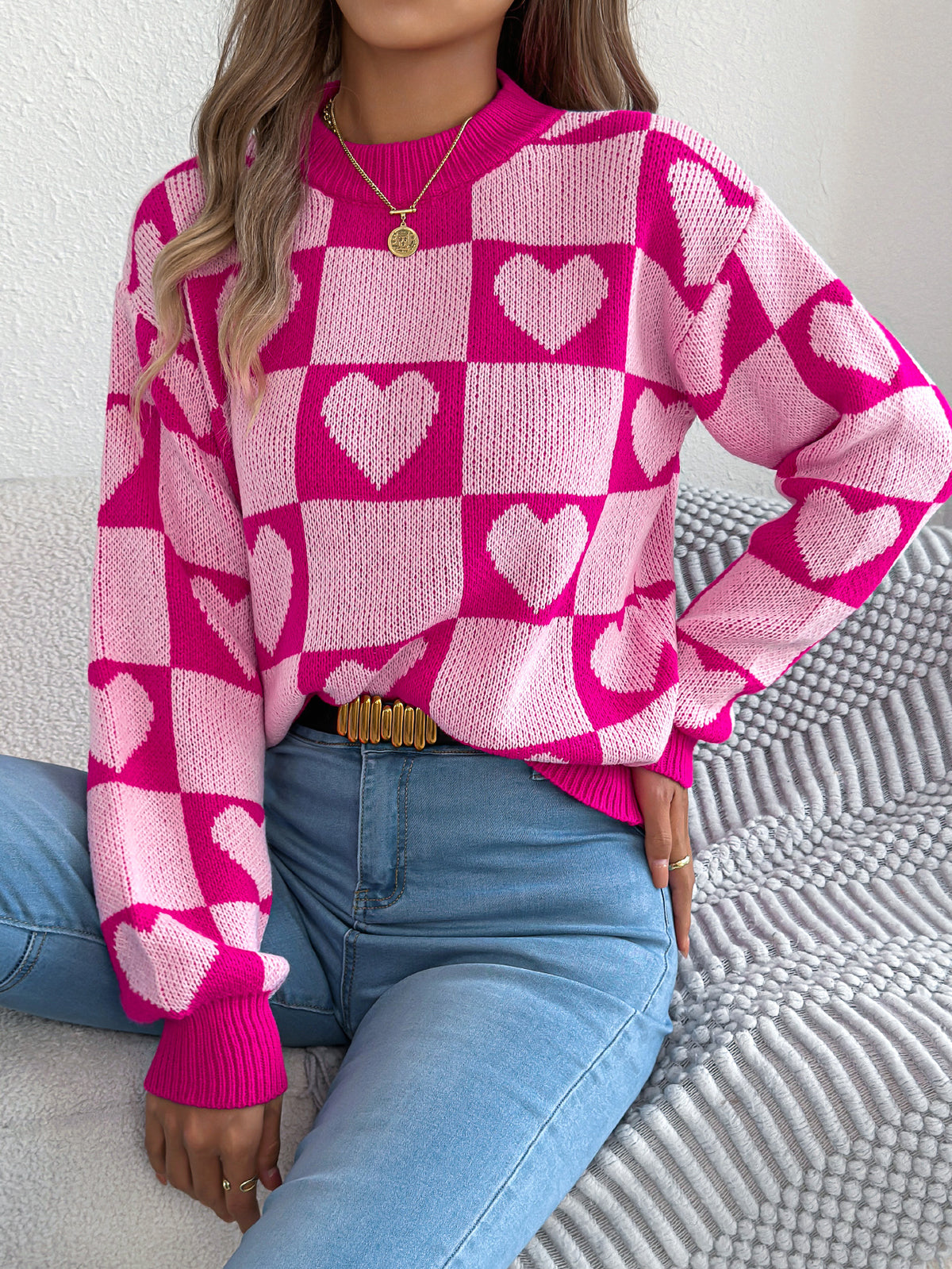 Women's Color-blocked Plaid Heart Lantern Sleeve Pullover Sweater for Valentine's Day