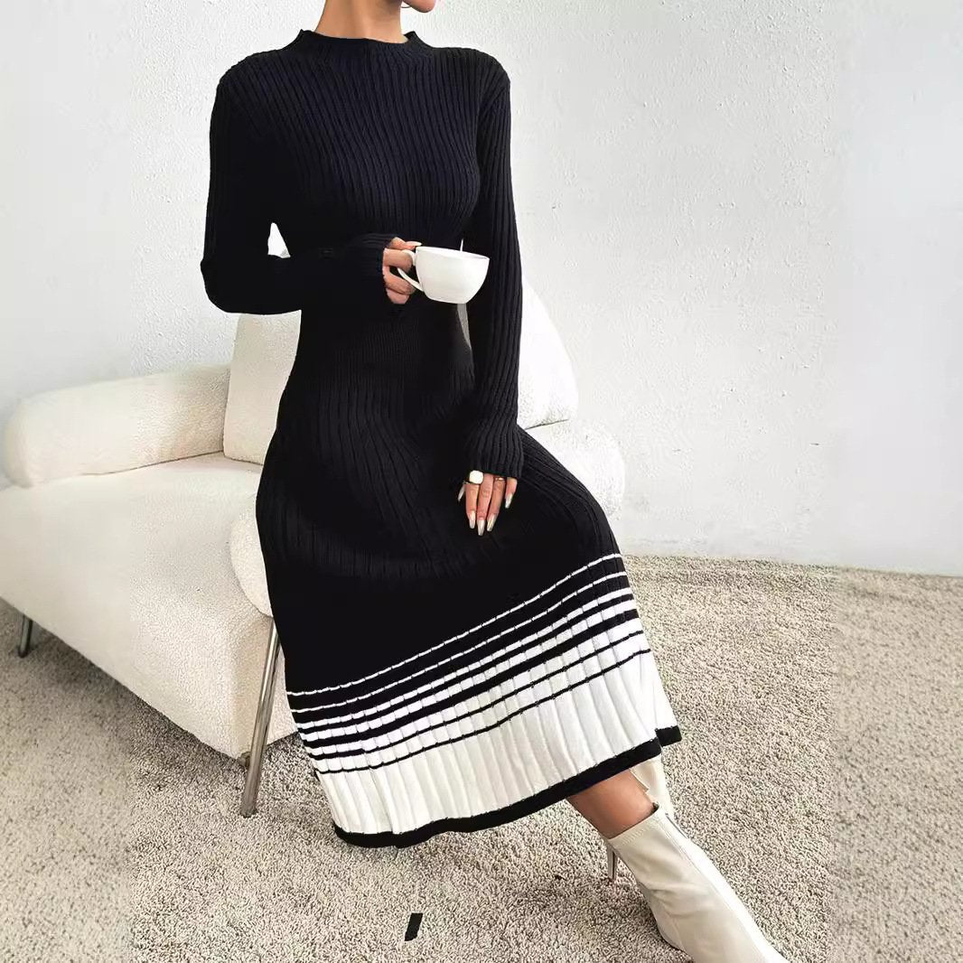 Women's Sweater Dress Black and White Striped Pleated Skirt Sweater Dress Dress Cross-border Amazon Explosions