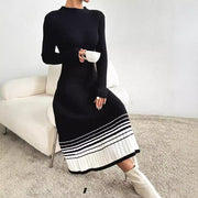 Women's Sweater Dress Black and White Striped Pleated Skirt Sweater Dress Dress Cross-border Amazon Explosions