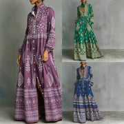 Women Boho Floral Print Maxi Dress, Stand Collar Long Puff Sleeve Button Front Split Flowy Long Dress with Pockets, Vintage Ethnic Vacation Beach Long Dress