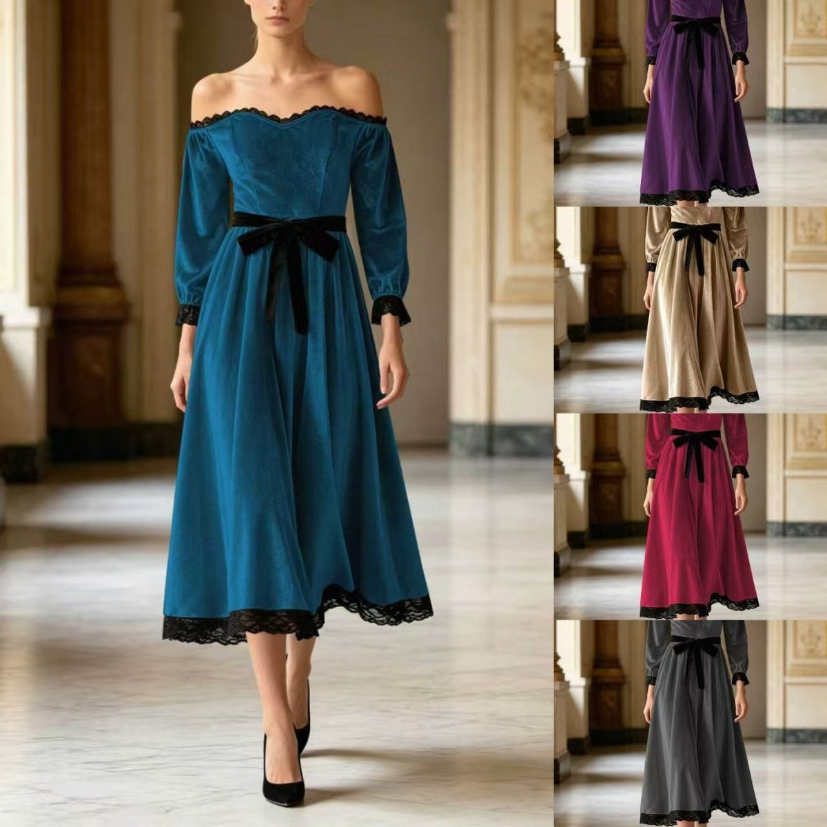 Women Off Shoulder Velvet Midi Dress, Long Puff Sleeve Black Lace Trim a Line Flowy Dress with Waist Bow Tie Elegant Vintage Party Evening Dresses